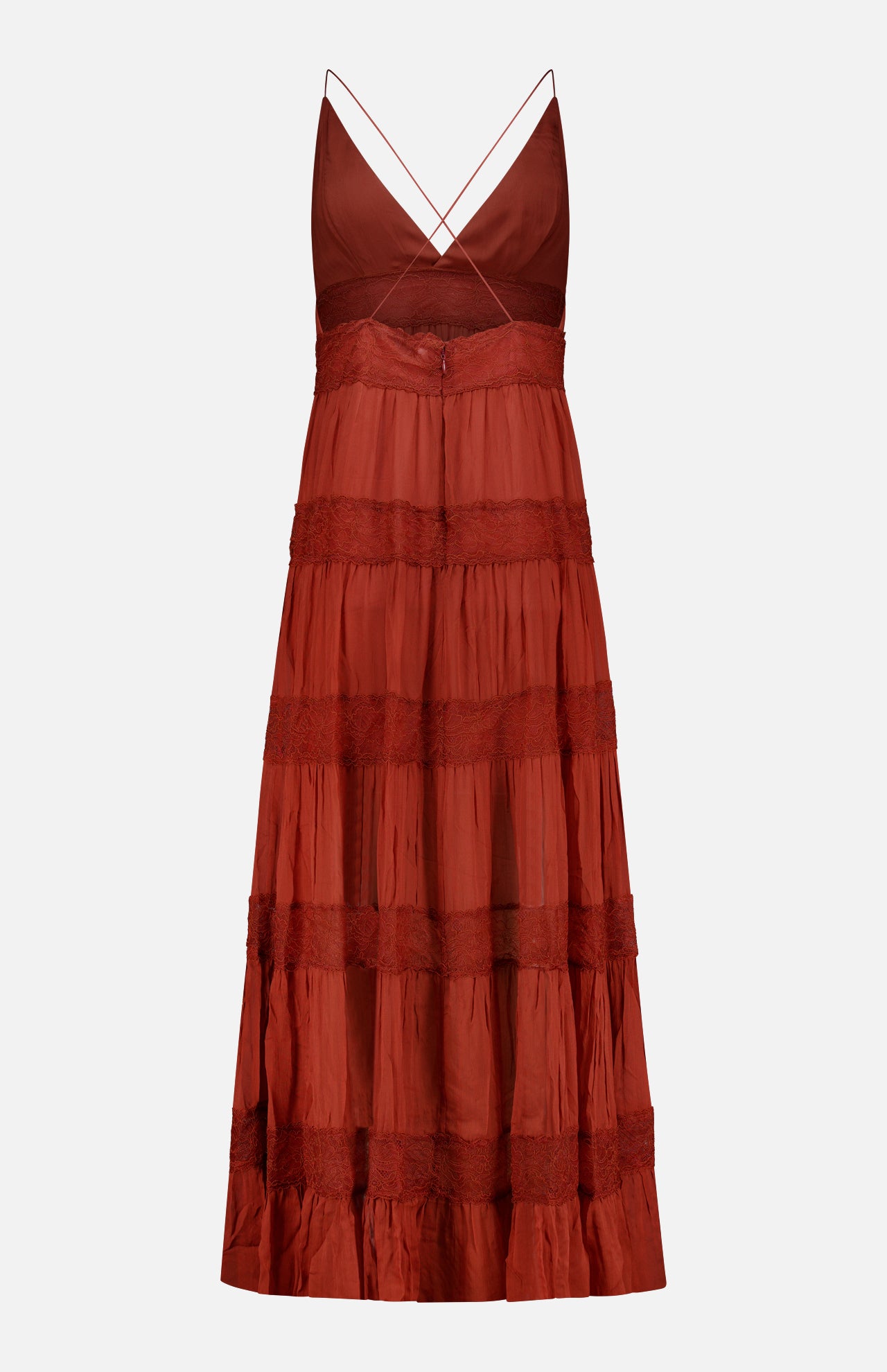 The Rune Lace Panel Maxi Dress by RONNY KOBO features a sleeveless rust design with spaghetti straps, deep V-neck, layered lace panels on the skirt, and a slightly sheer upper bodice for a bohemian, elegant look.