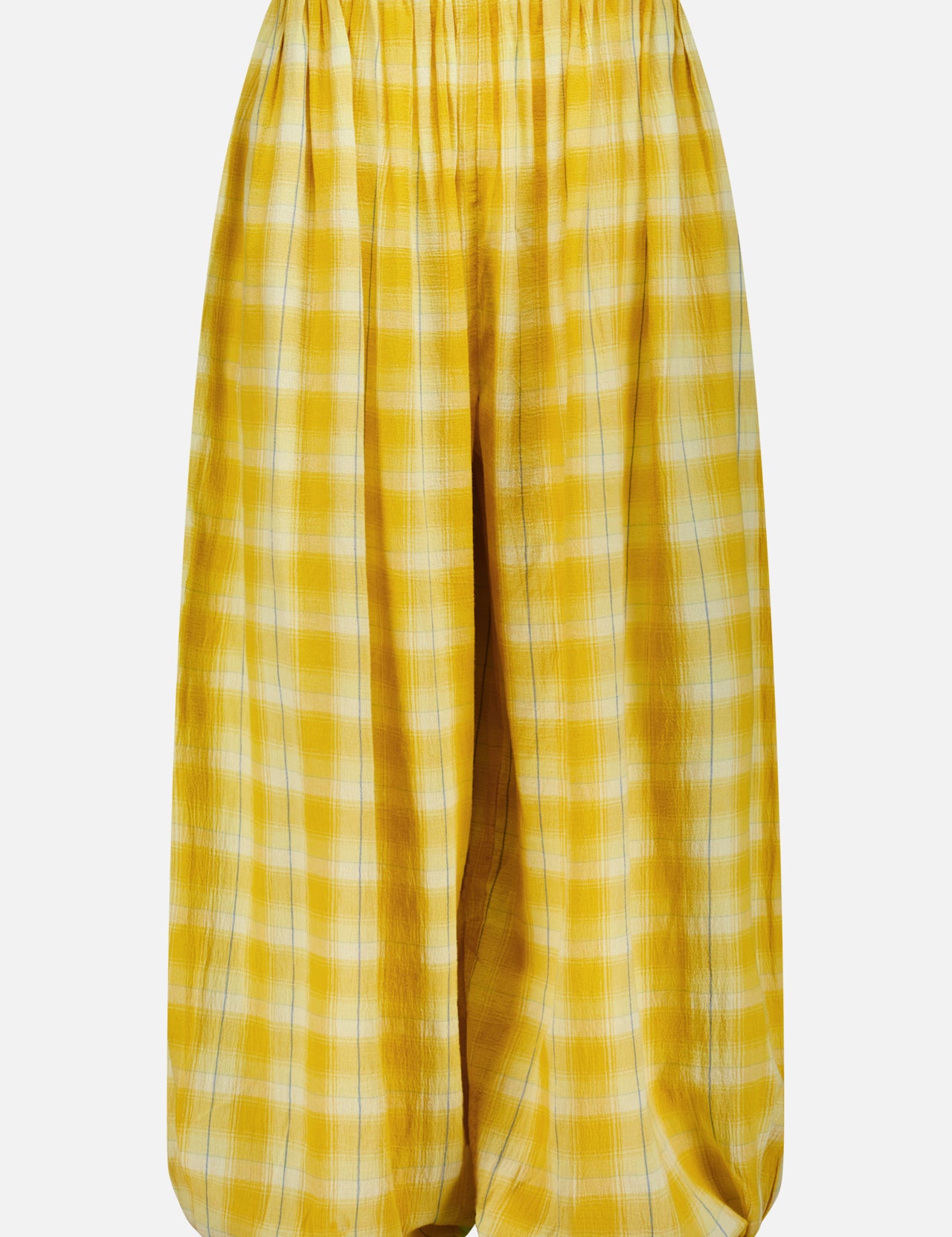 The Ryker Plaid Balloon Pant by RONNY KOBO features a wide-leg silhouette in yellow and white plaid, complete with an elastic waistband and ballooned hem for a trendy, relaxed pull-on style, displayed against a plain white background.