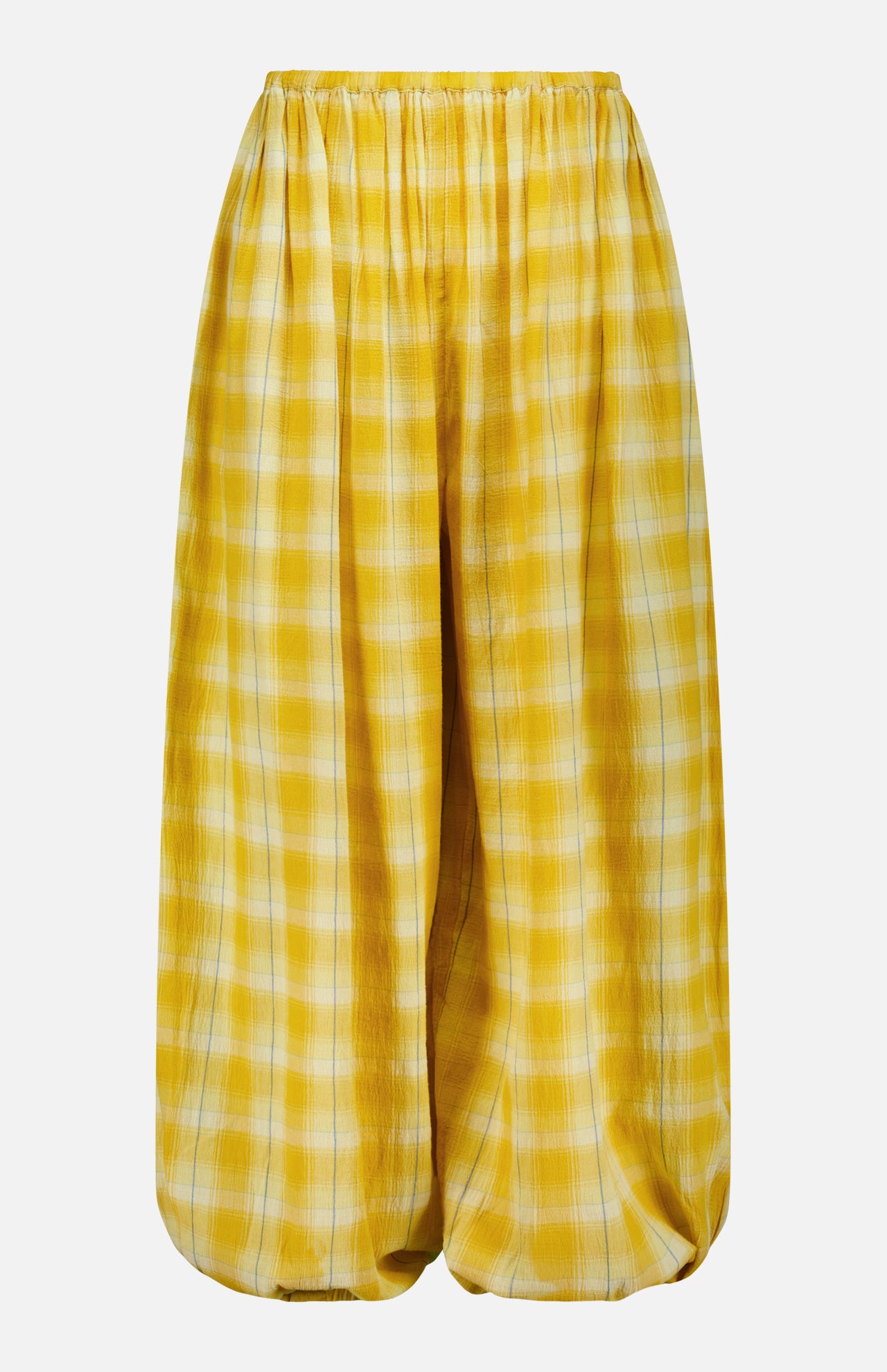 The Ryker Plaid Balloon Pant by RONNY KOBO features a wide-leg silhouette in yellow and white plaid, complete with an elastic waistband and ballooned hem for a trendy, relaxed pull-on style, displayed against a plain white background.