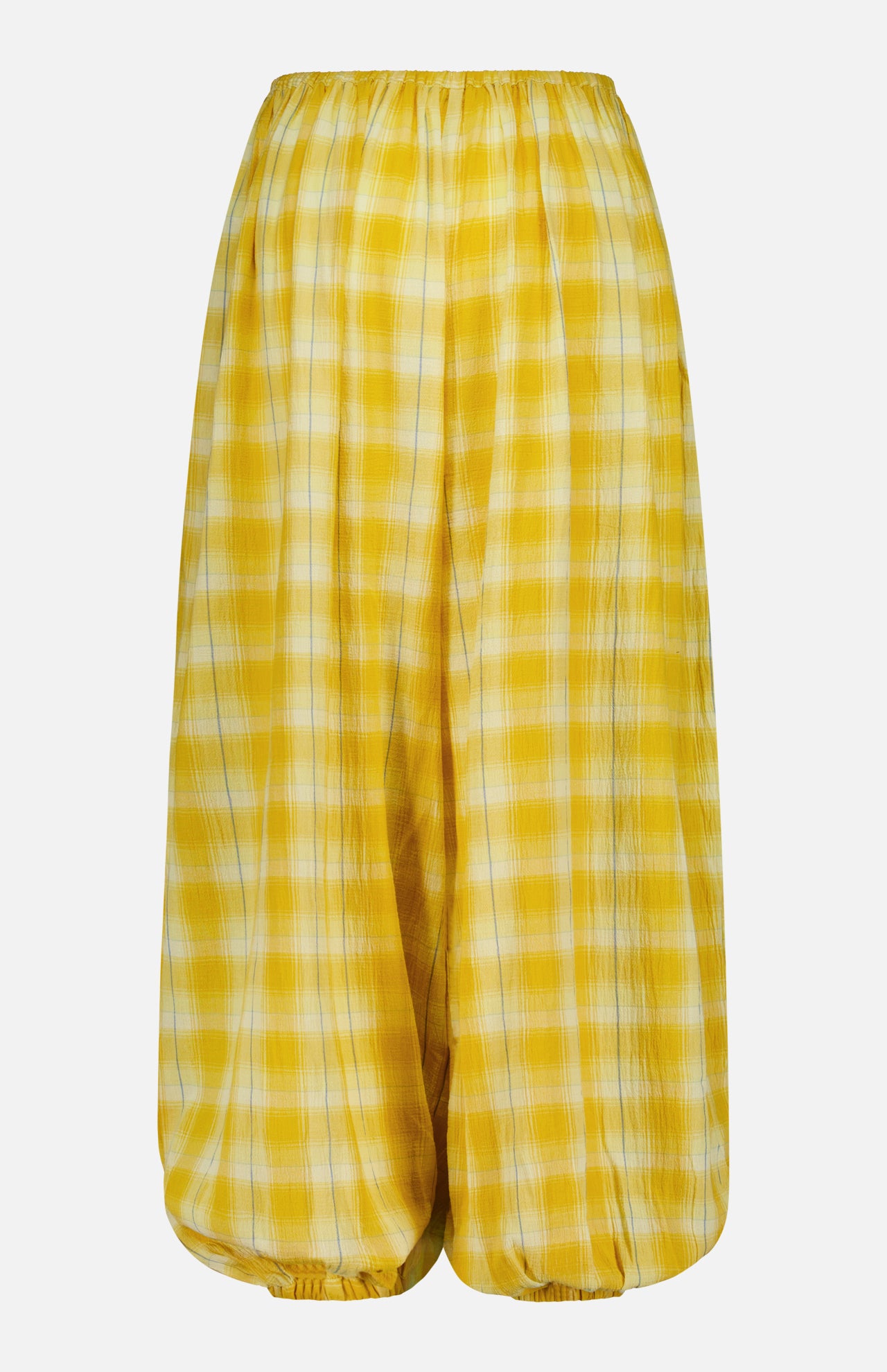 Introducing the Ryker Plaid Balloon Pant by RONNY KOBO—these yellow and white plaid wide-leg pants feature an elastic waistband, gathered ankles, and a relaxed pull-on fit. Shown against a plain white background, they’re perfect for anyone seeking trendy women’s pants with playful comfort and effortless style.