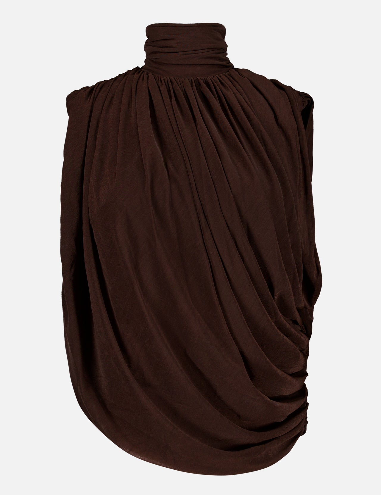 The Sav Draped Sleeveless Top by RONNY KOBO is an elegant women’s blouse in chocolate brown, featuring a sleeveless, draped silhouette with a high gathered turtleneck and ruched detailing, beautifully showcased against a plain white background.