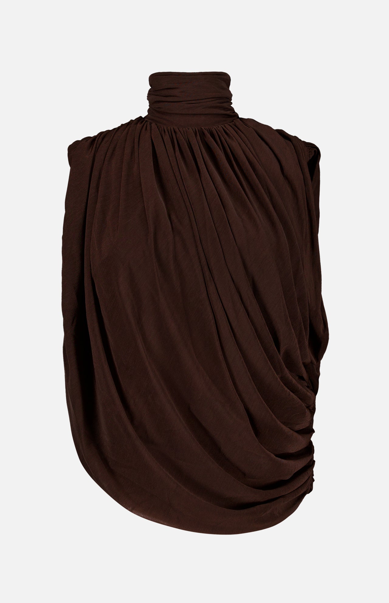 The Sav Draped Sleeveless Top by RONNY KOBO is an elegant women’s blouse in chocolate brown, featuring a sleeveless, draped silhouette with a high gathered turtleneck and ruched detailing, beautifully showcased against a plain white background.