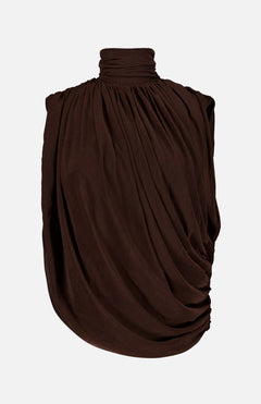 The Sav Draped Sleeveless Top by RONNY KOBO is an elegant women’s blouse in chocolate brown, featuring a sleeveless, draped silhouette with a high gathered turtleneck and ruched detailing, beautifully showcased against a plain white background.