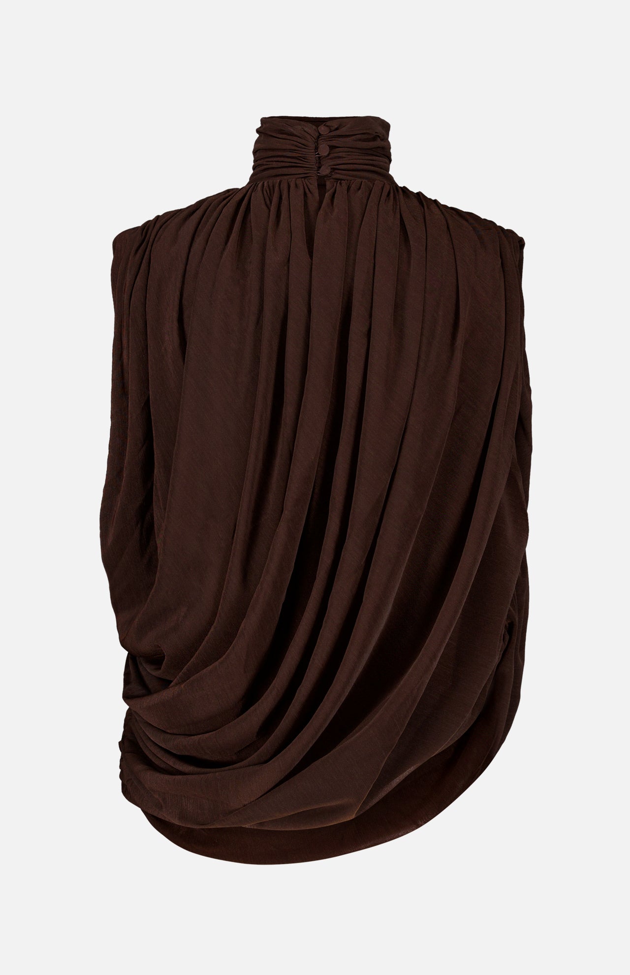The Sav Draped Sleeveless Top by RONNY KOBO is a chocolate brown going-out piece featuring a high neckline and sleeveless design. Its gathered, draped fabric creates soft folds and a voluminous silhouette, giving the top a sculptural and sophisticated look against any plain background.