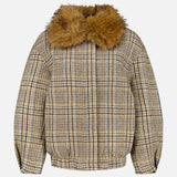 Introducing the Savannah Removable Collar Jacket by RONNY KOBO, featuring a boxy silhouette with long sleeves and a plaid pattern in beige, brown, and black tones on a light background. The design is accented with a removable brown faux fur collar. The jacket is showcased against a white backdrop.