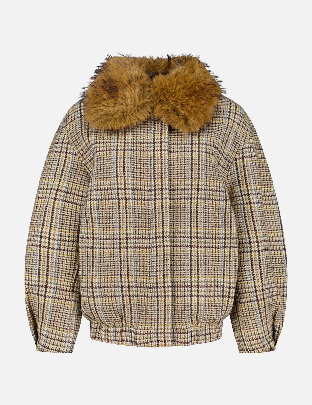 Introducing the Savannah Removable Collar Jacket by RONNY KOBO, featuring a boxy silhouette with long sleeves and a plaid pattern in beige, brown, and black tones on a light background. The design is accented with a removable brown faux fur collar. The jacket is showcased against a white backdrop.