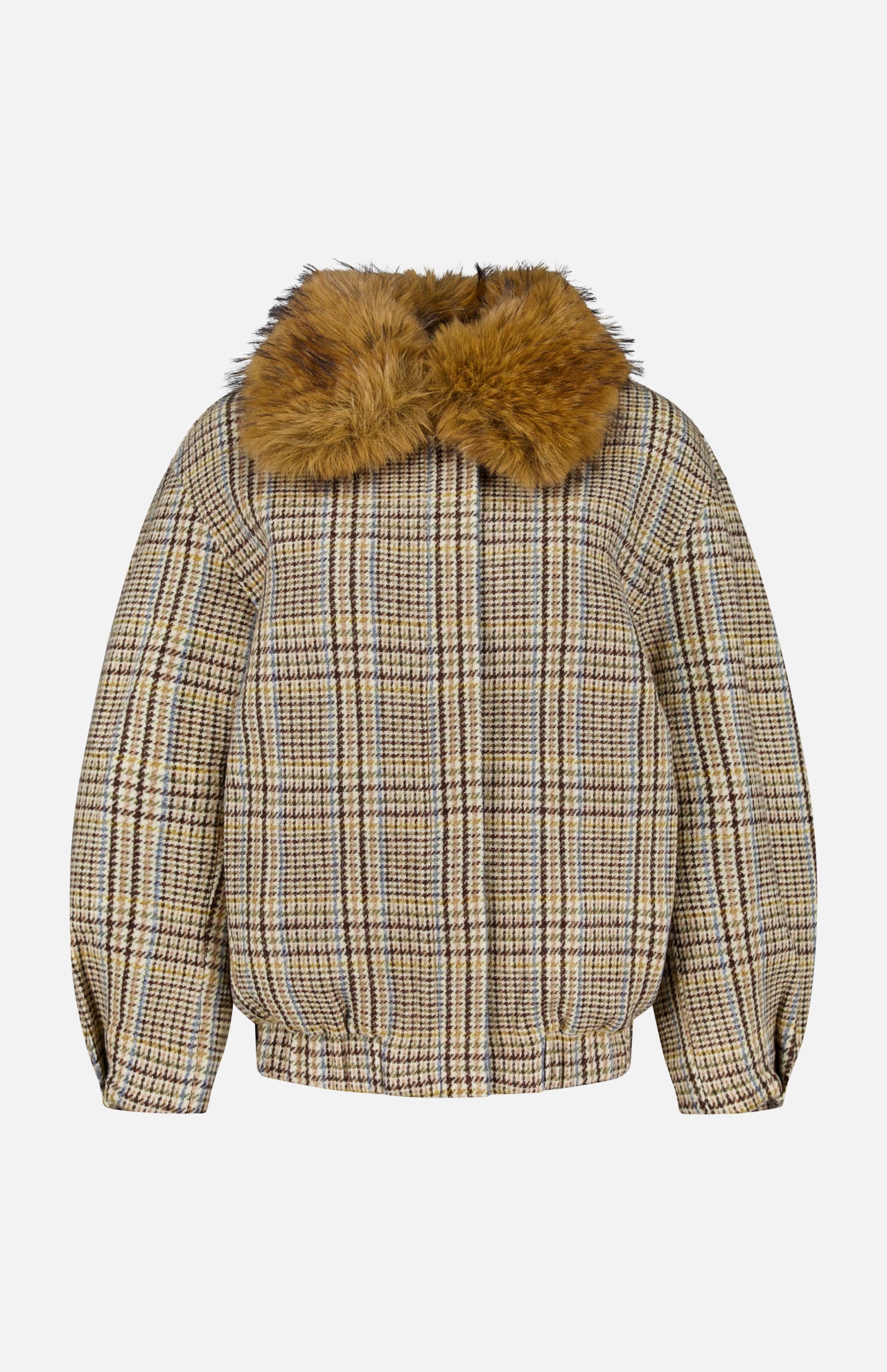 Introducing the Savannah Removable Collar Jacket by RONNY KOBO, featuring a boxy silhouette with long sleeves and a plaid pattern in beige, brown, and black tones on a light background. The design is accented with a removable brown faux fur collar. The jacket is showcased against a white backdrop.