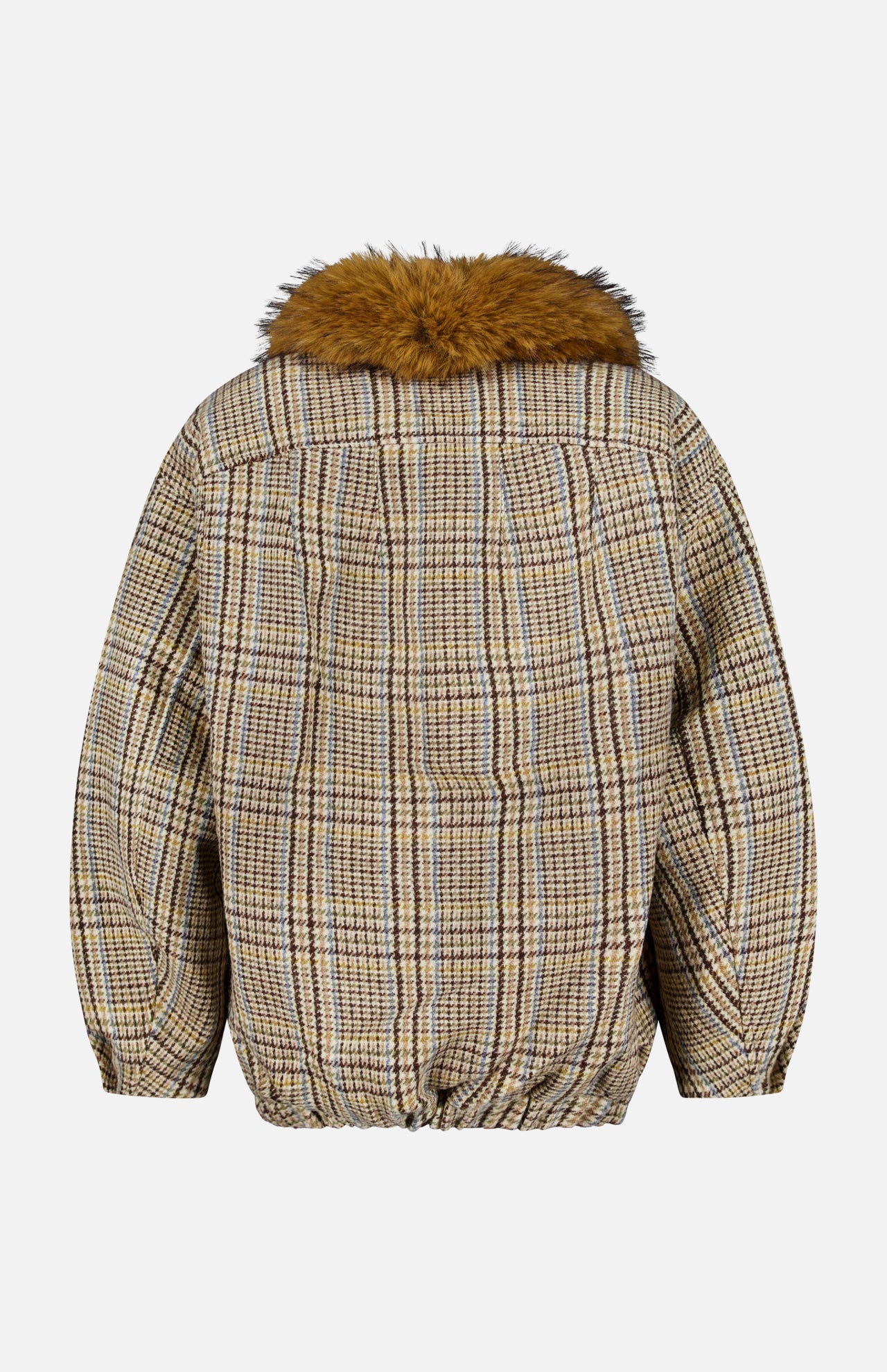 Back view of the RONNY KOBO Savannah Removable Collar Jacket, a stylish plaid wool design in shades of brown and beige, featuring a removable brown faux fur collar with elastic cuffs and hem, displayed against a plain white background.