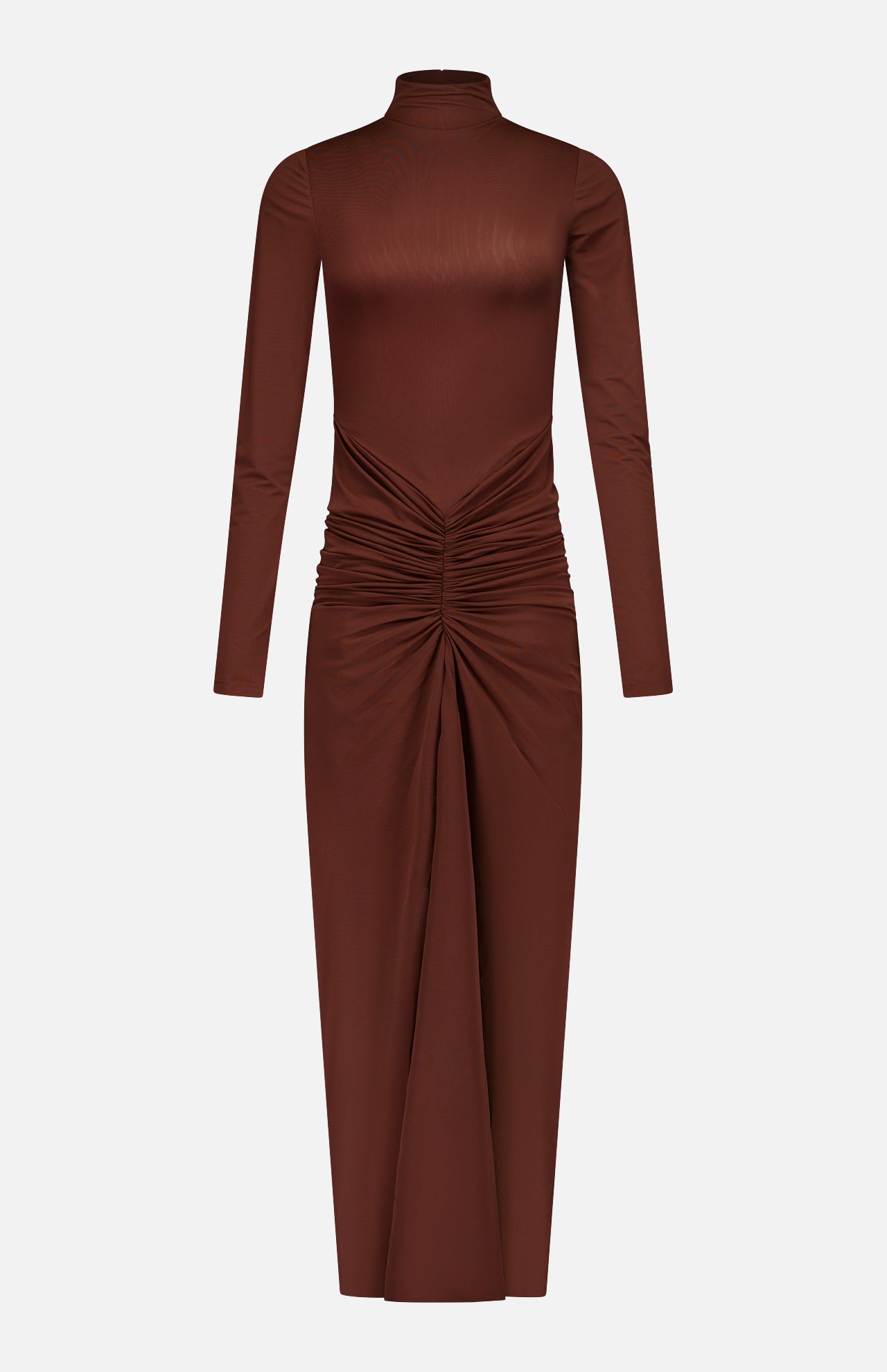 The Scorpio Ruched Waist Dress by RONNY KOBO is a chocolate brown column dress with long sleeves, a mock turtleneck, and a fitted bodice. Ruched waist detailing creates a draped effect on its mid-length skirt.