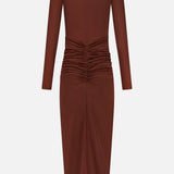 The Scorpio Ruched Waist Dress by RONNY KOBO is a chocolate brown column dress with long sleeves, a high neckline, and gathered ruching at the waist for a flattering back view.