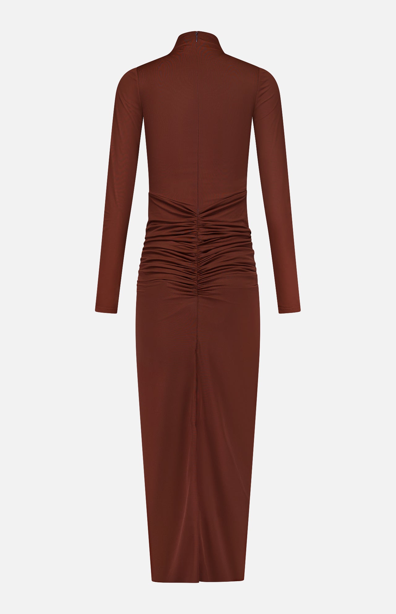 The Scorpio Ruched Waist Dress by RONNY KOBO is a chocolate brown column dress with long sleeves, a high neckline, and gathered ruching at the waist for a flattering back view.