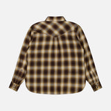 The Tatie Plaid Western Shirt by RONNY KOBO is shown from the back against a white background. This brown and yellow plaid long-sleeve shirt features a curved hem and buttoned cuffs, making it a perfect fall fashion top.