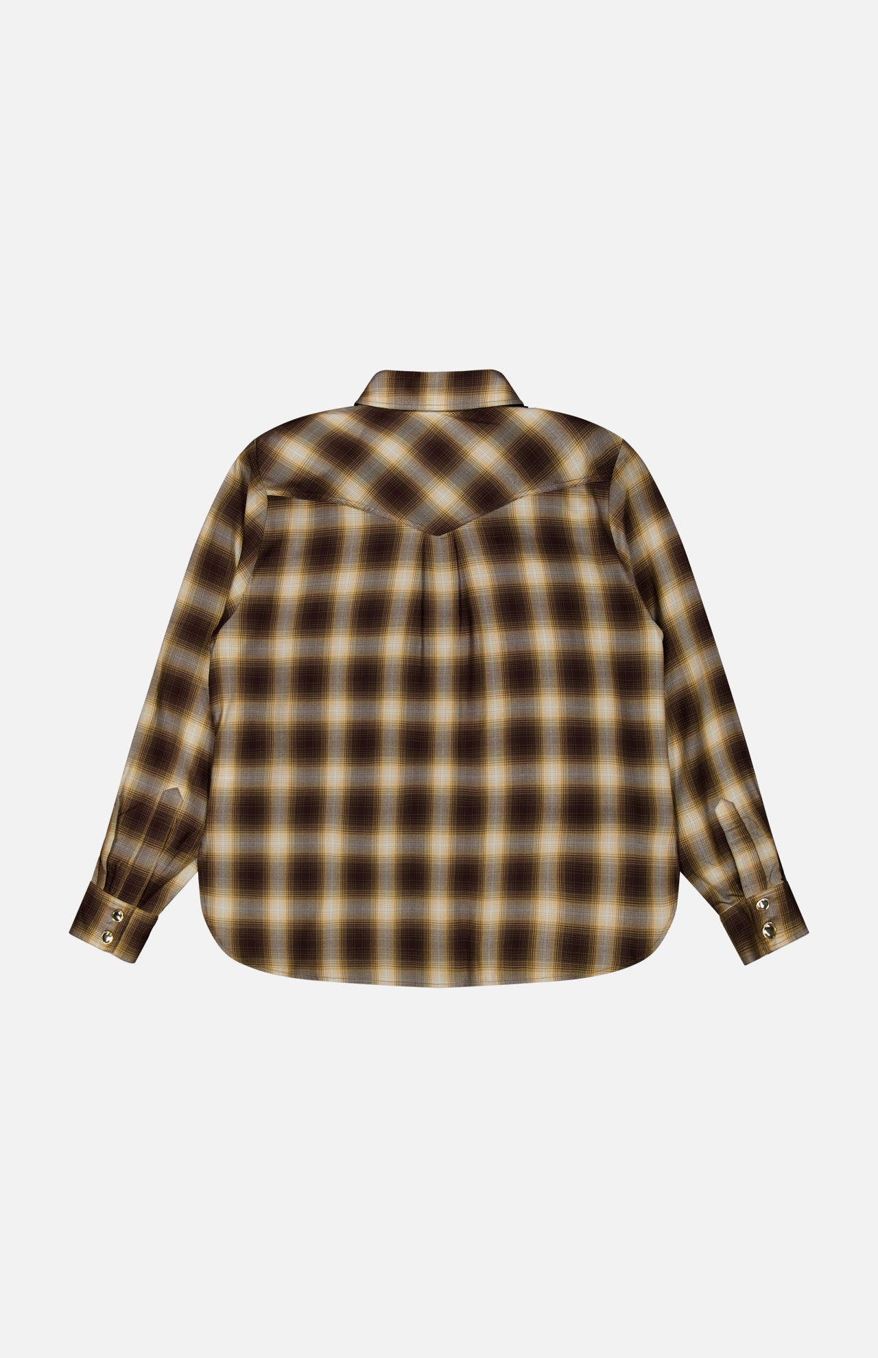 The Tatie Plaid Western Shirt by RONNY KOBO is shown from the back against a white background. This brown and yellow plaid long-sleeve shirt features a curved hem and buttoned cuffs, making it a perfect fall fashion top.