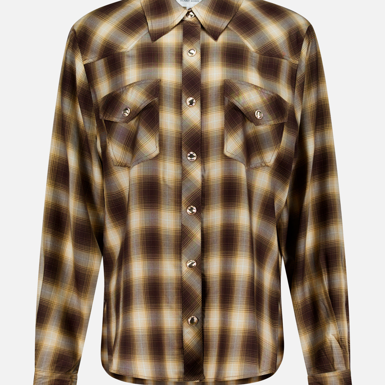 The Tatie Plaid Western Shirt by RONNY KOBO features a brown and yellow plaid pattern, long sleeves, a pointed collar, and two front chest pockets. Displayed on a plain white background, this classic western blouse is the perfect fall fashion top to elevate your wardrobe.