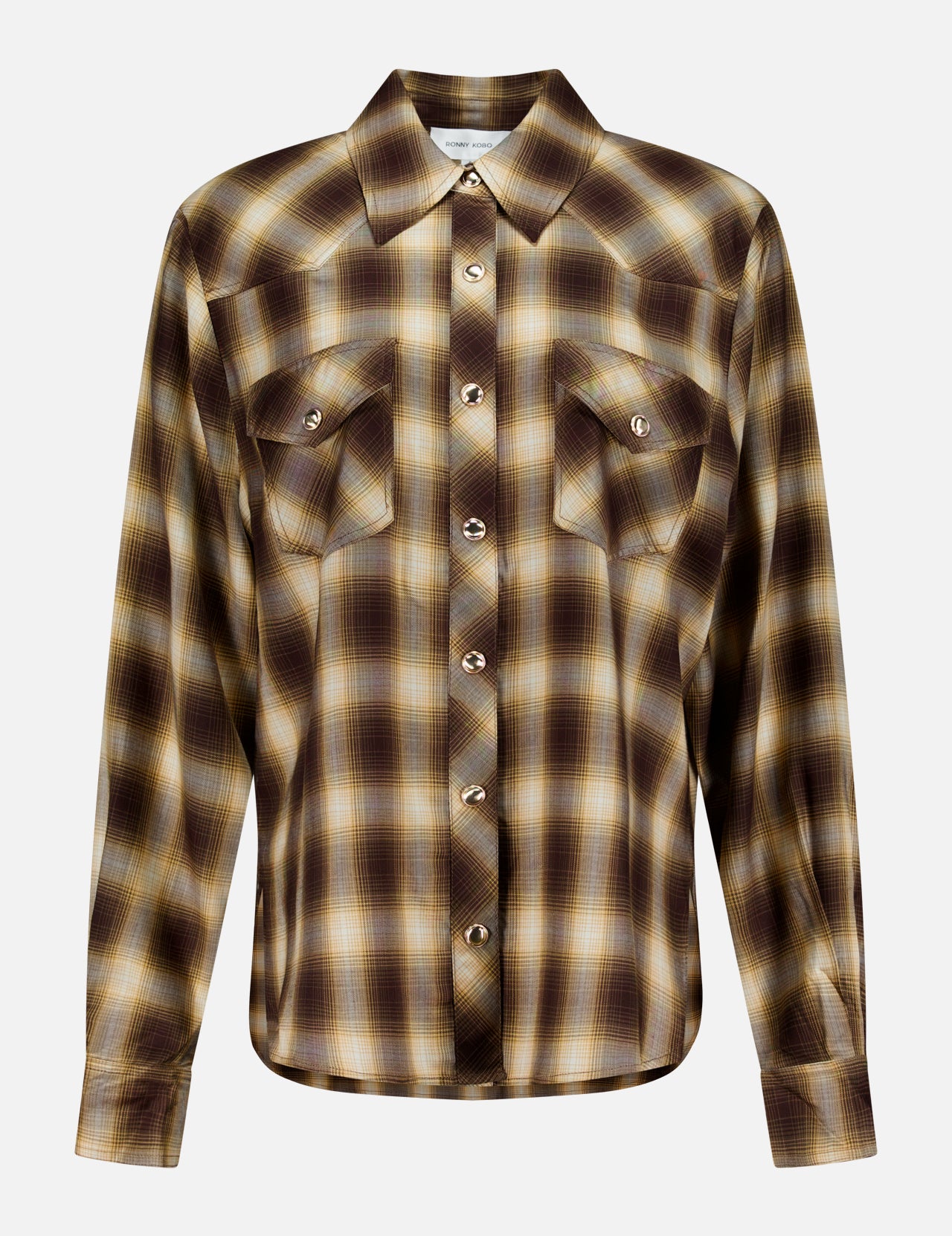 The Tatie Plaid Western Shirt by RONNY KOBO features a brown and yellow plaid pattern, long sleeves, a pointed collar, and two front chest pockets. Displayed on a plain white background, this classic western blouse is the perfect fall fashion top to elevate your wardrobe.