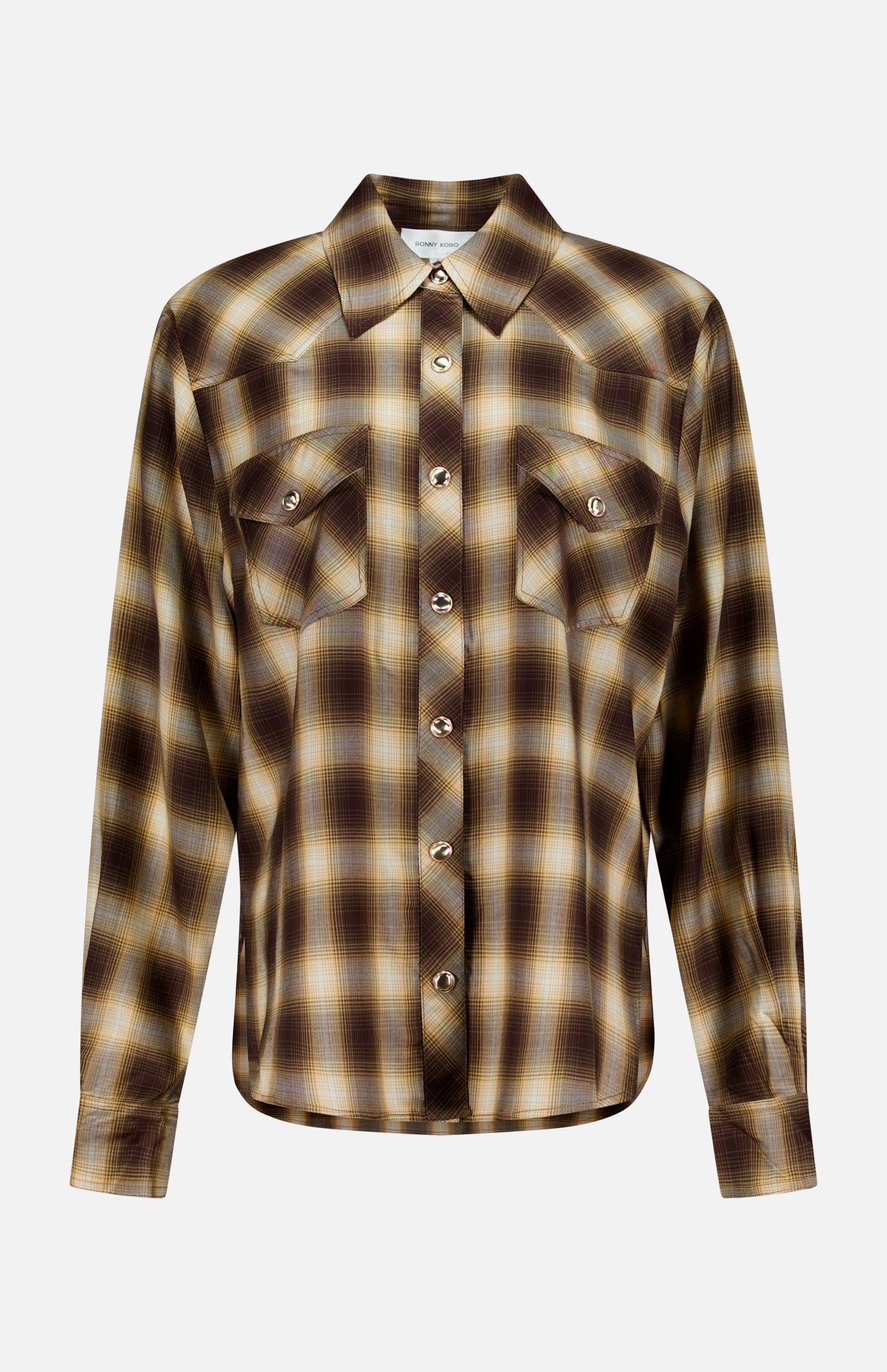 The Tatie Plaid Western Shirt by RONNY KOBO features a brown and yellow plaid pattern, long sleeves, a pointed collar, and two front chest pockets. Displayed on a plain white background, this classic western blouse is the perfect fall fashion top to elevate your wardrobe.