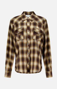 The Tatie Plaid Western Shirt by RONNY KOBO features a brown and yellow plaid pattern, long sleeves, a pointed collar, and two front chest pockets. Displayed on a plain white background, this classic western blouse is the perfect fall fashion top to elevate your wardrobe.