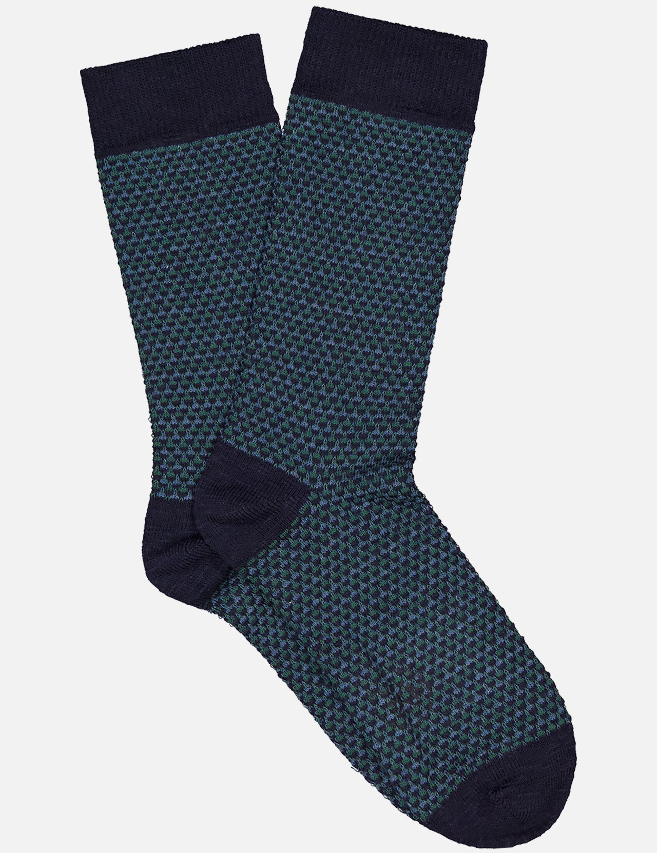 The ROYALTIES Gary Sock is a mid-calf pair with a dark blue and green geometric pattern, finished with solid dark blue cuffs, heels, and toes, shown laid flat on a white background.