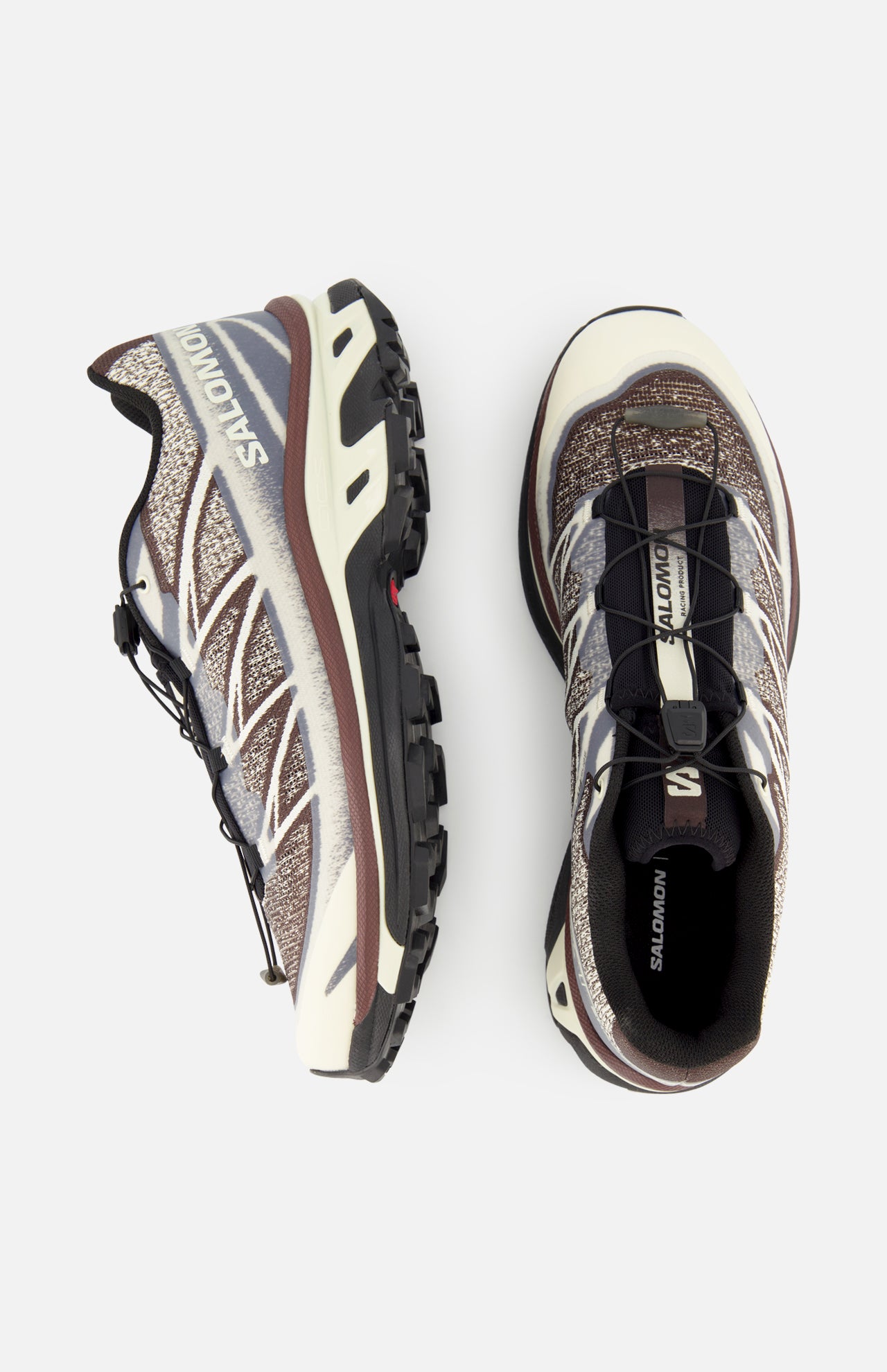 Two SALOMON XT-6 Shadow Sneakers in beige, brown, and black are displayed from side and top perspectives, highlighting their rugged soles for enhanced durability and advanced quick-lace systems. Designed with responsive cushioning for ultra-distance racing, these shoes are set against a plain white background.