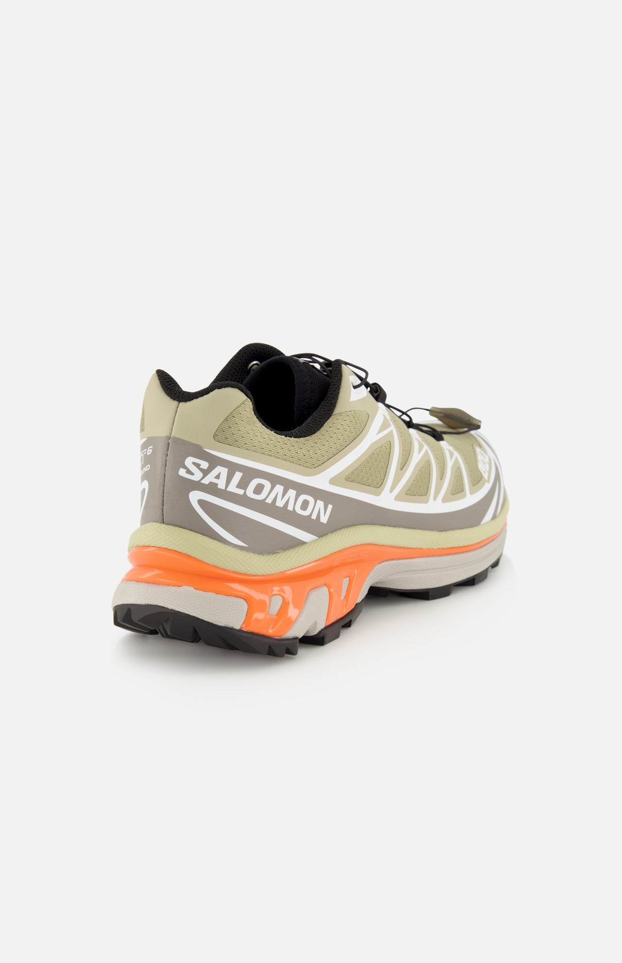 Olive green Salomon XT-6 sneaker featuring a bright orange midsole, durable construction, and a quick-lace system.