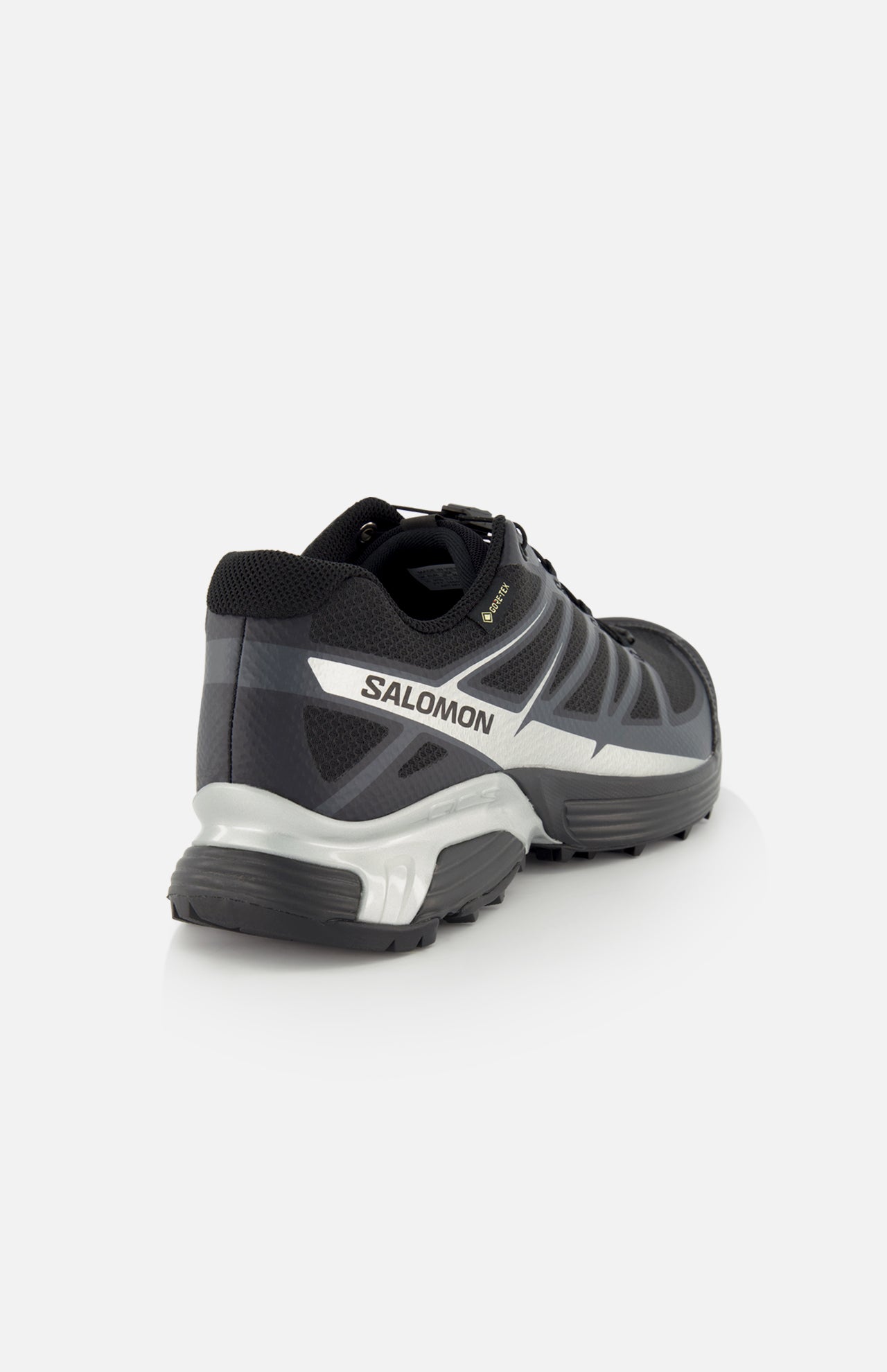 A black and gray SALOMON XT-Pathway GTX Sneaker with a quick lace system is shown from the back and side, highlighting the heel, sole, and side logo against a white background.