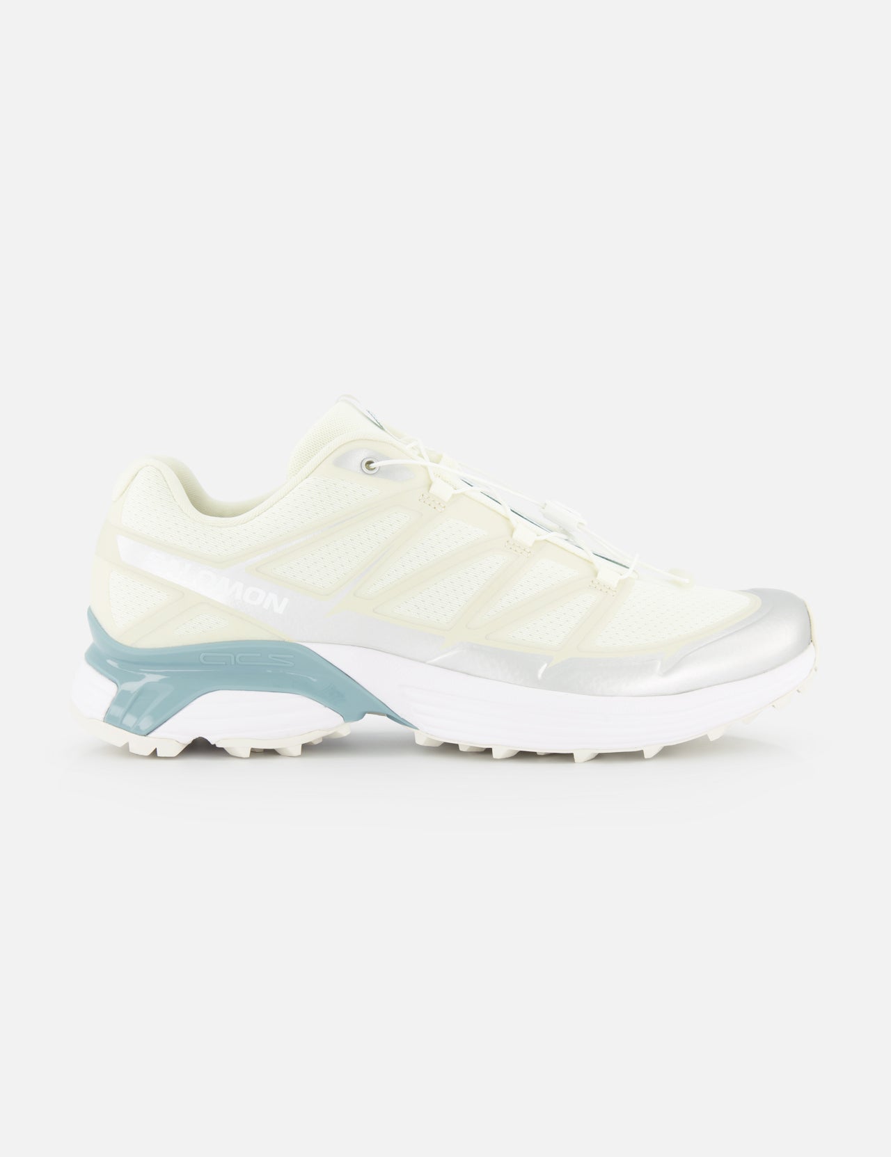 The SALOMON XT-Pathway Sneaker features a white and light blue mesh upper, visible tread, and streamlined design with enhanced cushioning for ultra-distance comfort. Shown on a plain white background.