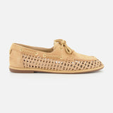 The SAM EDELMAN Bria Woven Loafer features a tan, woven design with laces, eyelet accents, and perforated sides for breathability. This slip-on flat is pictured in profile on a white background.