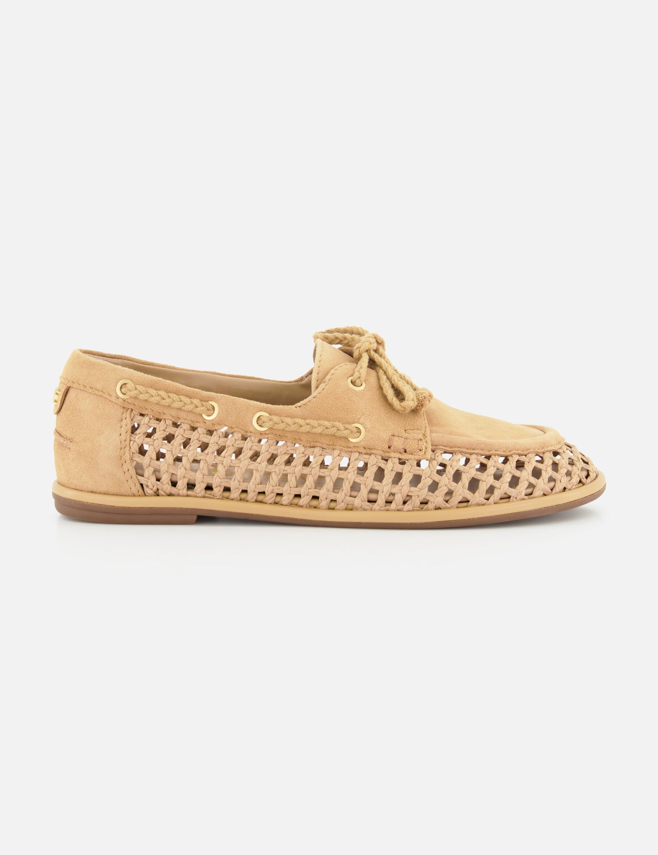 The SAM EDELMAN Bria Woven Loafer features a tan, woven design with laces, eyelet accents, and perforated sides for breathability. This slip-on flat is pictured in profile on a white background.