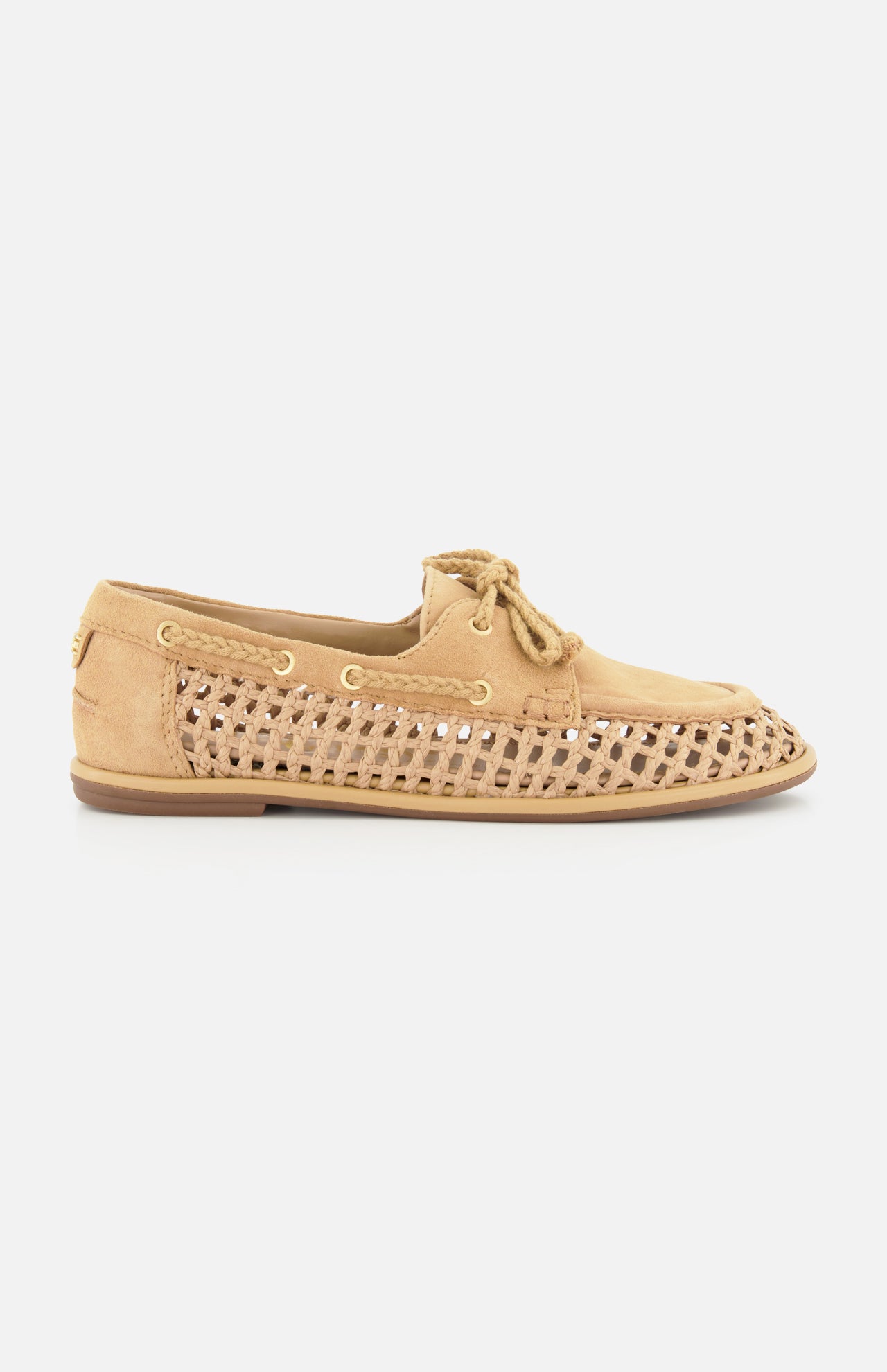 The SAM EDELMAN Bria Woven Loafer features a tan, woven design with laces, eyelet accents, and perforated sides for breathability. This slip-on flat is pictured in profile on a white background.