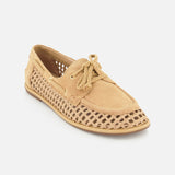The Bria Woven Loafer by SAM EDELMAN features a tan suede finish, side and toe cutouts, lace-up closure, flat sole, and woven construction, shown on a white background.