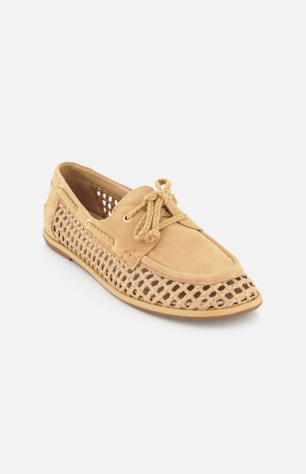The Bria Woven Loafer by SAM EDELMAN features a tan suede finish, side and toe cutouts, lace-up closure, flat sole, and woven construction, shown on a white background.