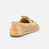 The SAM EDELMAN Bria Woven Loafer is a tan slip-on featuring woven side panels, lace detail on top, a rubber sole, and a small gold logo on the heel, displayed against a plain white background.