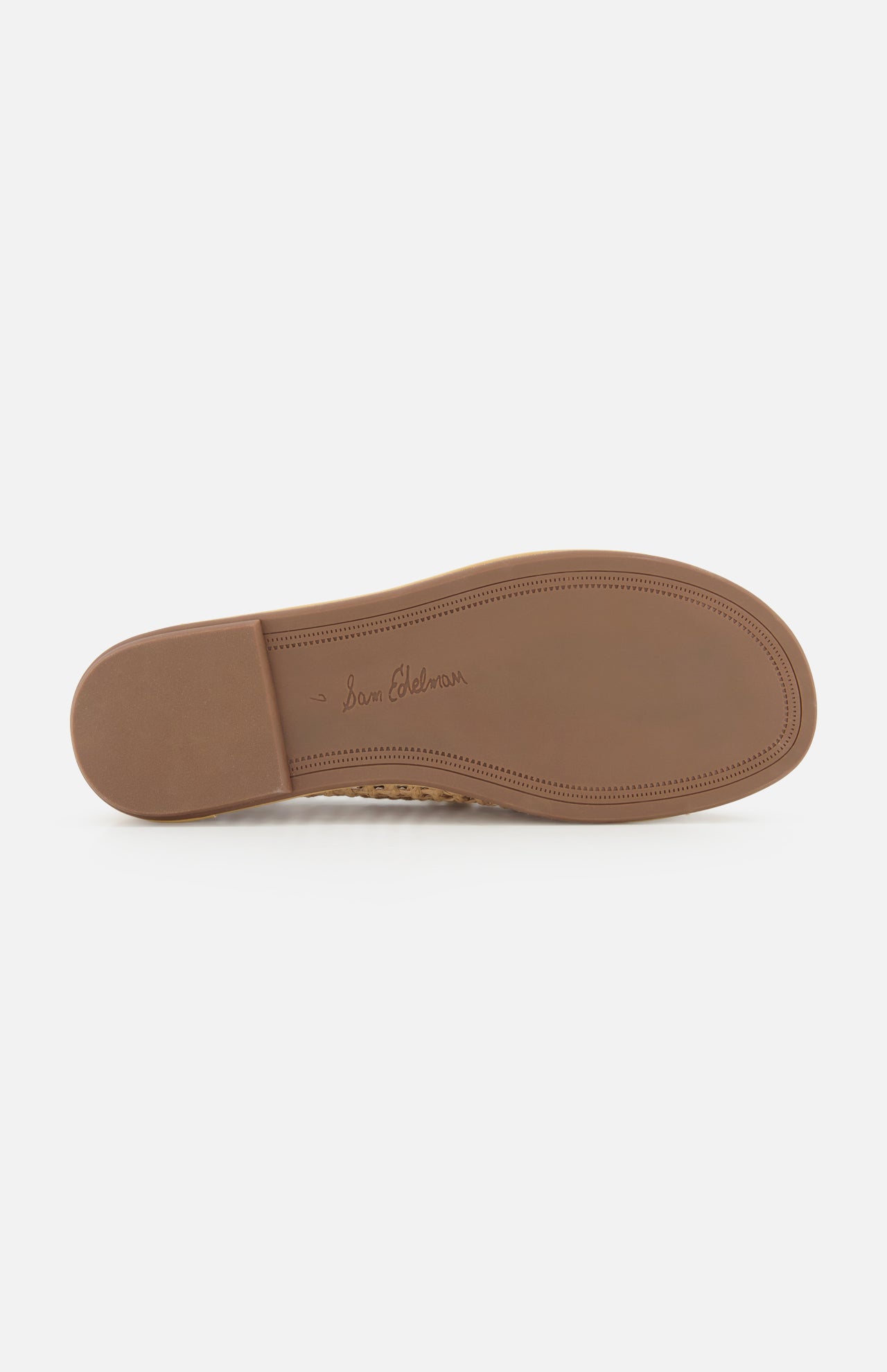 The image displays the sole of the Bria Woven Loafer by SAM EDELMAN. Made from light brown material, it has a clean finish with no visible tread and features "Sam Edelman" in cursive near the arch, emphasizing its refined woven design.
