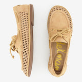 The SAM EDELMAN Bria Woven Loafer is a beige slip-on boat shoe with tan laces, a ventilated lattice design, and brown rubber soles, shown from top and side views on a white background.