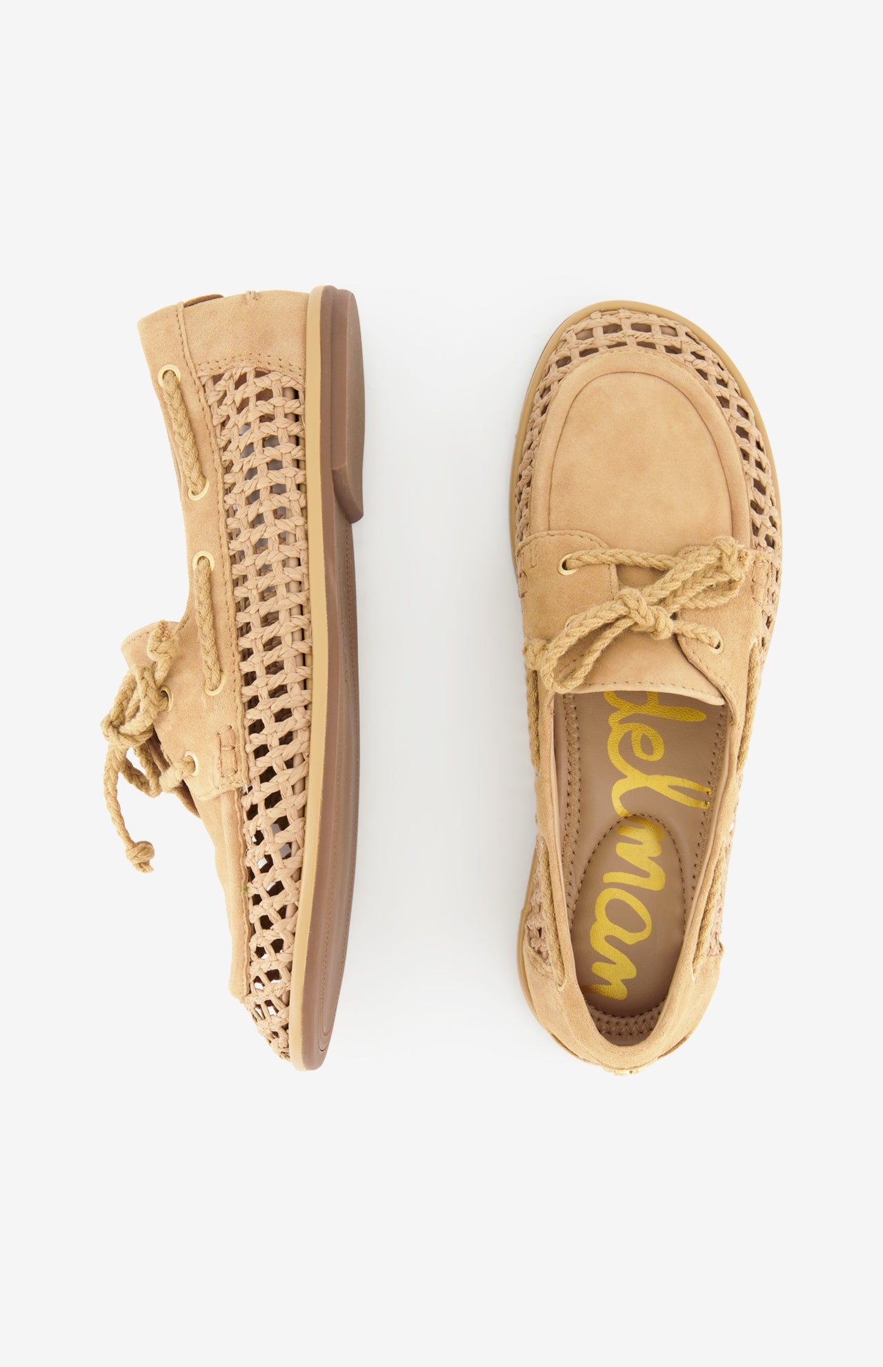 The SAM EDELMAN Bria Woven Loafer is a beige slip-on boat shoe with tan laces, a ventilated lattice design, and brown rubber soles, shown from top and side views on a white background.