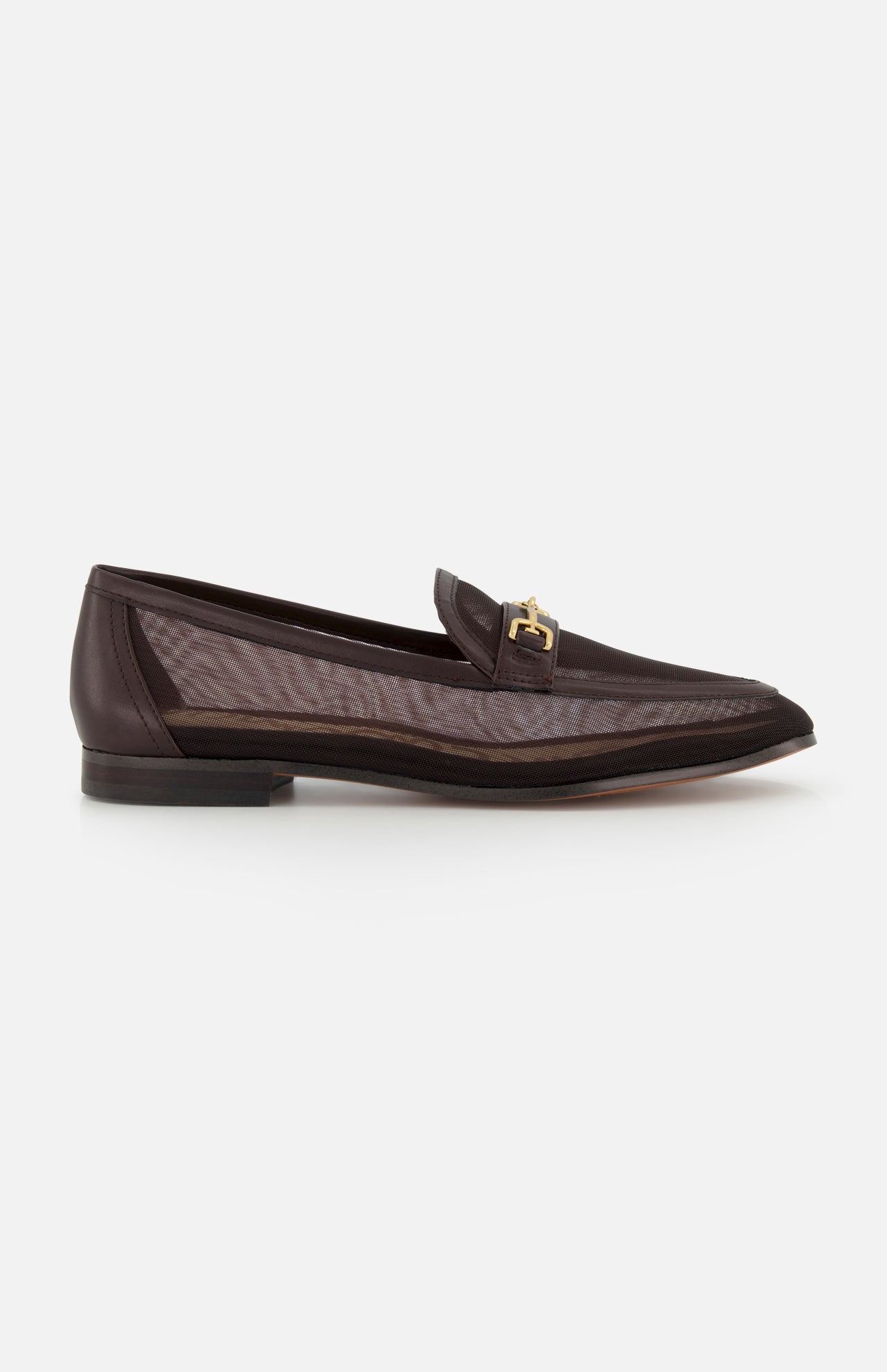 The SAM EDELMAN Loraine Mesh Equestrian-inspired Loafer features dark brown color, a low heel, sheer mesh side panels, and an equestrian-inspired gold bit buckle on the upper, shown against a white background.