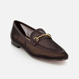 The SAM EDELMAN Loraine Mesh Equestrian-inspired Loafer is a dark brown shoe with a sheer mesh upper, low heel, pointed toe, and equestrian-inspired bit detail, shown against a plain white background.