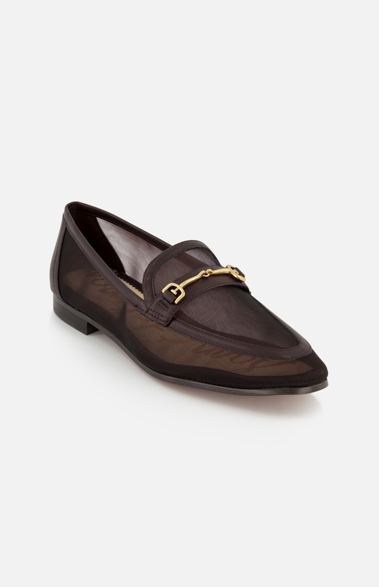 The SAM EDELMAN Loraine Mesh Equestrian-inspired Loafer is a dark brown shoe with a sheer mesh upper, low heel, pointed toe, and equestrian-inspired bit detail, shown against a plain white background.