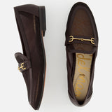 The SAM EDELMAN Loraine Mesh Equestrian-inspired Loafer is shown in dark brown, featuring mesh construction and a classic bit detail, displayed from both side and top views on a white background.