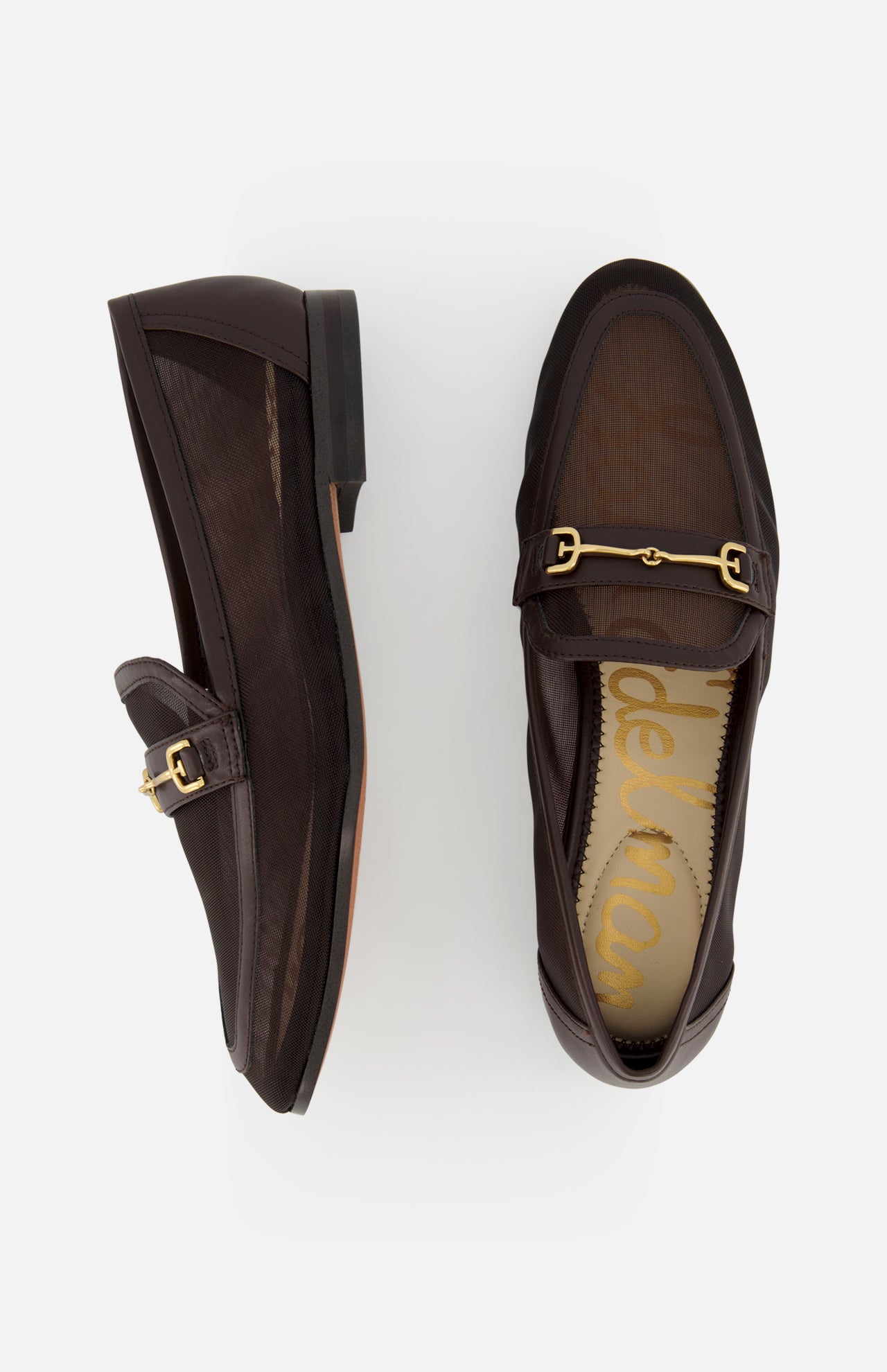 The SAM EDELMAN Loraine Mesh Equestrian-inspired Loafer is shown in dark brown, featuring mesh construction and a classic bit detail, displayed from both side and top views on a white background.
