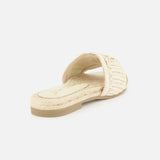 The SAM EDELMAN Miya Woven Sandal is a beige raffia slide with an open toe and textured sole, shown from the back on a plain white background.