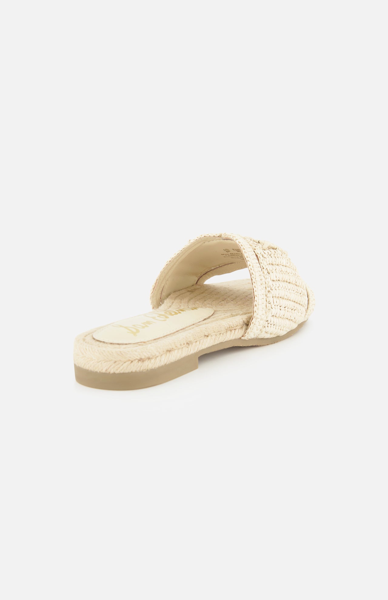 The SAM EDELMAN Miya Woven Sandal is a beige raffia slide with an open toe and textured sole, shown from the back on a plain white background.