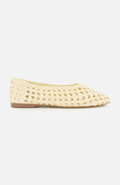 The Shira Woven Leather Flat by SAM EDELMAN is a beige slip-on with a pointed toe and open weave pattern, shown in profile on a white background.