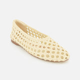 The Shira Woven Leather Flat by SAM EDELMAN is an off-white, pointed-toe slip-on with an open, airy woven design, shown on a white background.
