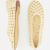 The SAM EDELMAN Shira Woven Leather Flat is an off-white slip-on with a round toe and flat sole, shown from side and top views. Tan "Sam Edelman" branding appears on the insole.