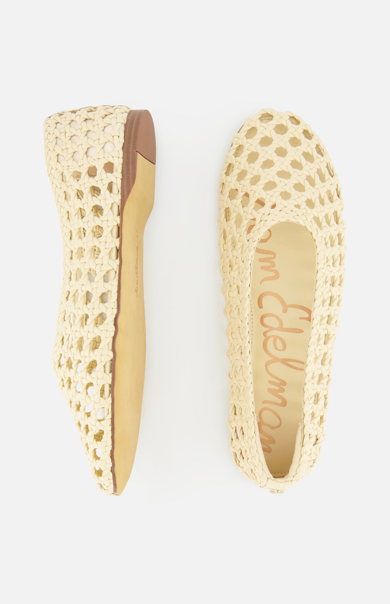 The SAM EDELMAN Shira Woven Leather Flat is an off-white slip-on with a round toe and flat sole, shown from side and top views. Tan "Sam Edelman" branding appears on the insole.