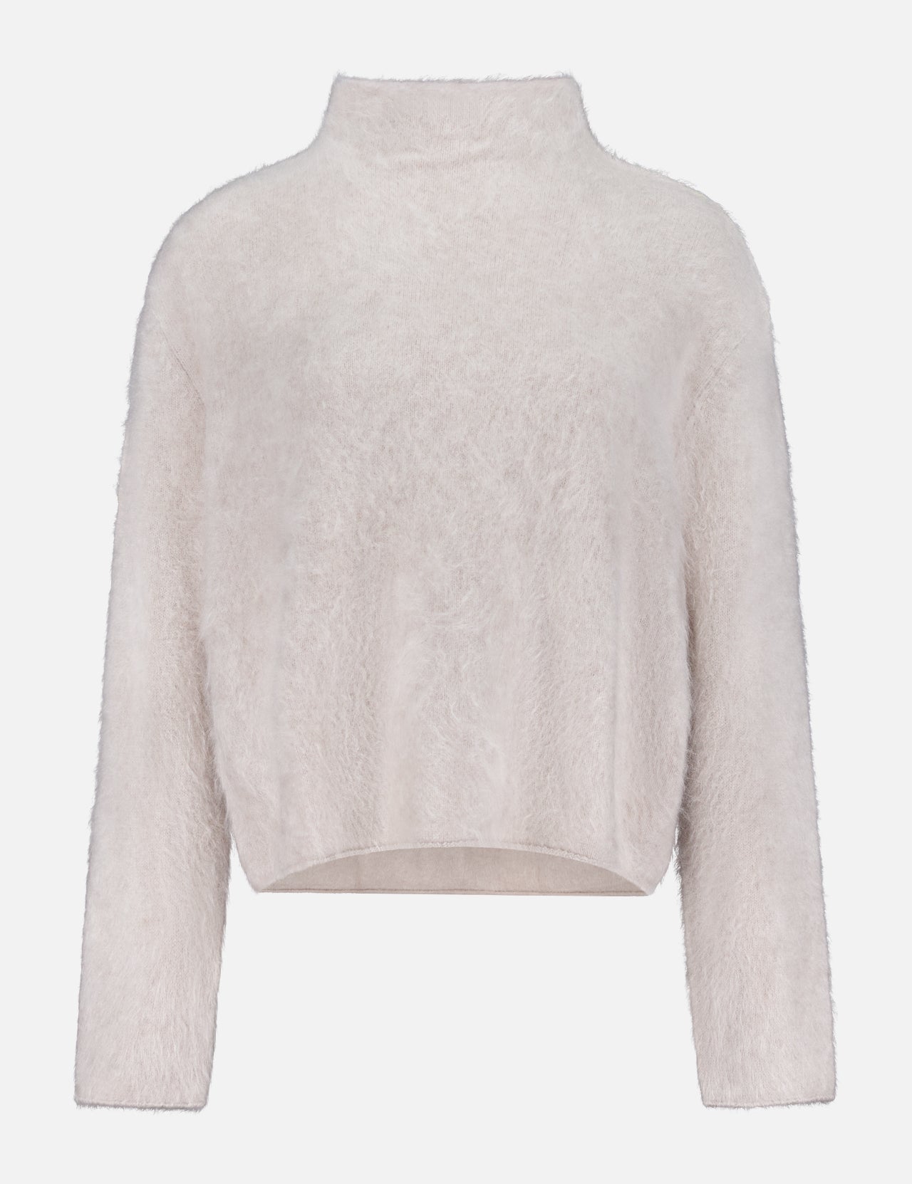 The LISA YANG Sandy Brushed Cashmere Sweater is a light beige, long-sleeve, fuzzy cropped style with a high neckline, shown on a plain white background.