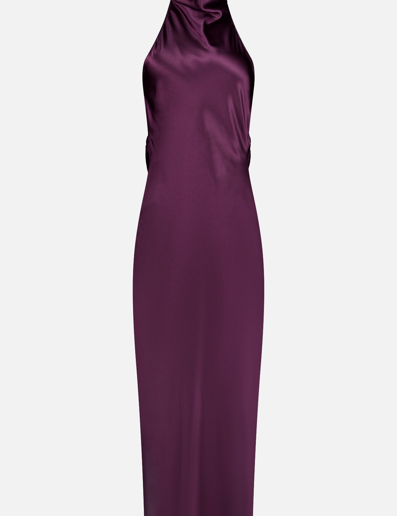 The Santana Silk Open Back Gown by AMANDA UPRICHARD is a sleeveless, fitted midi evening dress in shiny deep purple satin, featuring a high neckline, subtle draping, and a sleek, minimalist design for an elegant finish.