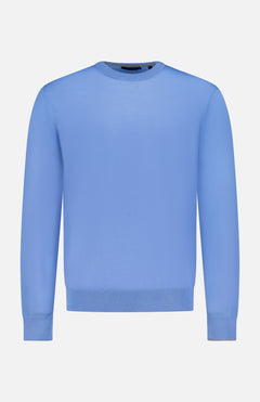 The GREYSON Saratoga Crew Neck Sweater is a classic men’s long-sleeve wool sweater in solid light blue, shown against a white background.