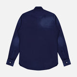The SARTORIO Distressed Cotton Button Up Shirt in dark navy, with long sleeves, is snap-front and shown laid flat from the back on a white background.